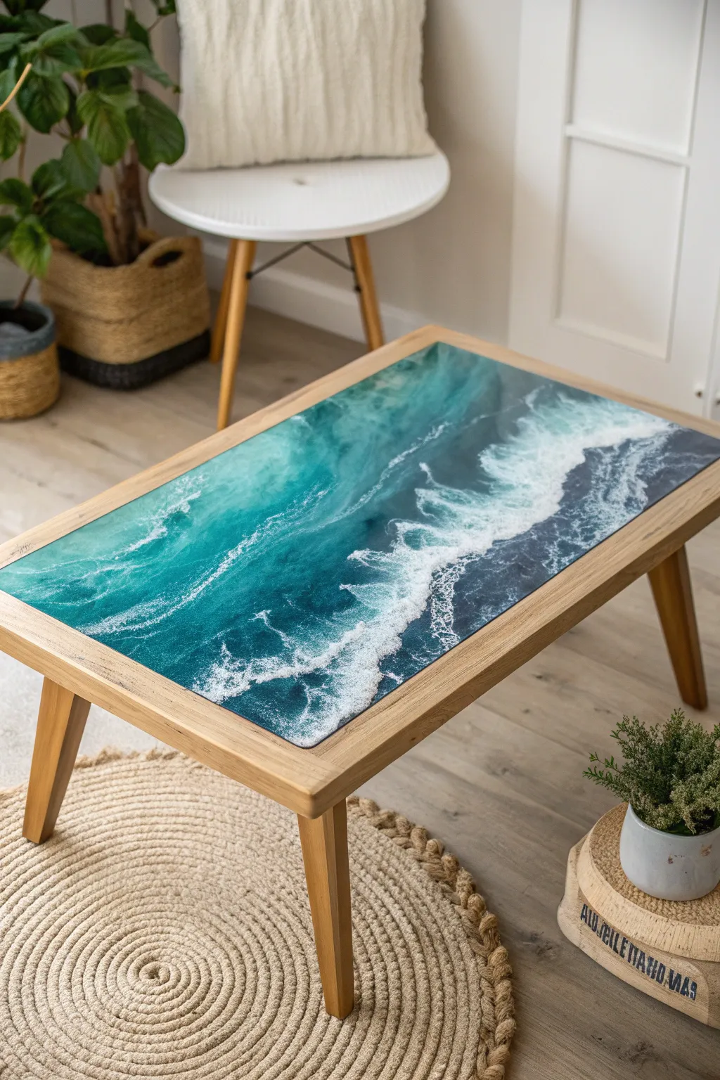Bring the tranquility of seaside serenity into your living space with this stunning ocean-inspired resin table.
