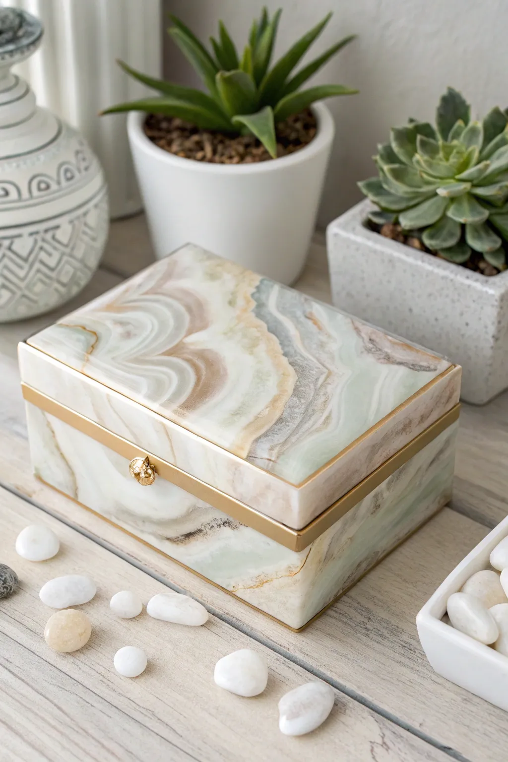 Elevate your space with the chic elegance of a marbled resin trinket box. Perfect for those who adore minimalist charm with a touch of artistry.