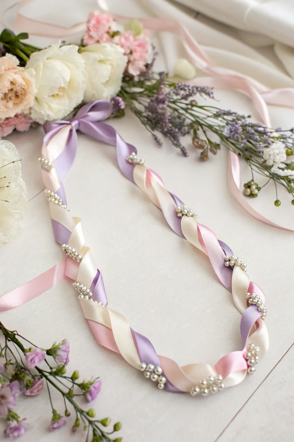 Add a touch of sparkle with this beautifully crafted ribbon lei, perfect for a minimalist yet bohemian style.