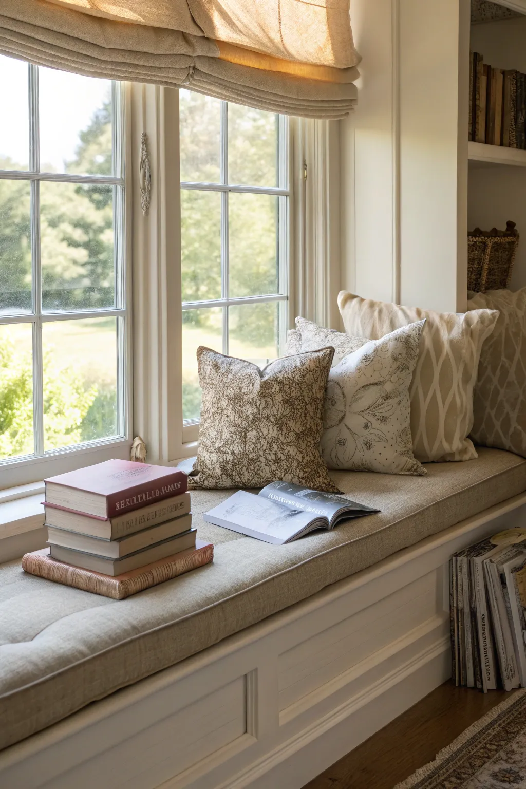 A window seat with Roman shades makes a perfect reading nook.