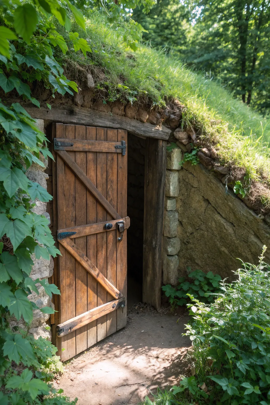 Discover the charm of traditional storage with a handcrafted in-ground root cellar, where nature meets craftsmanship.