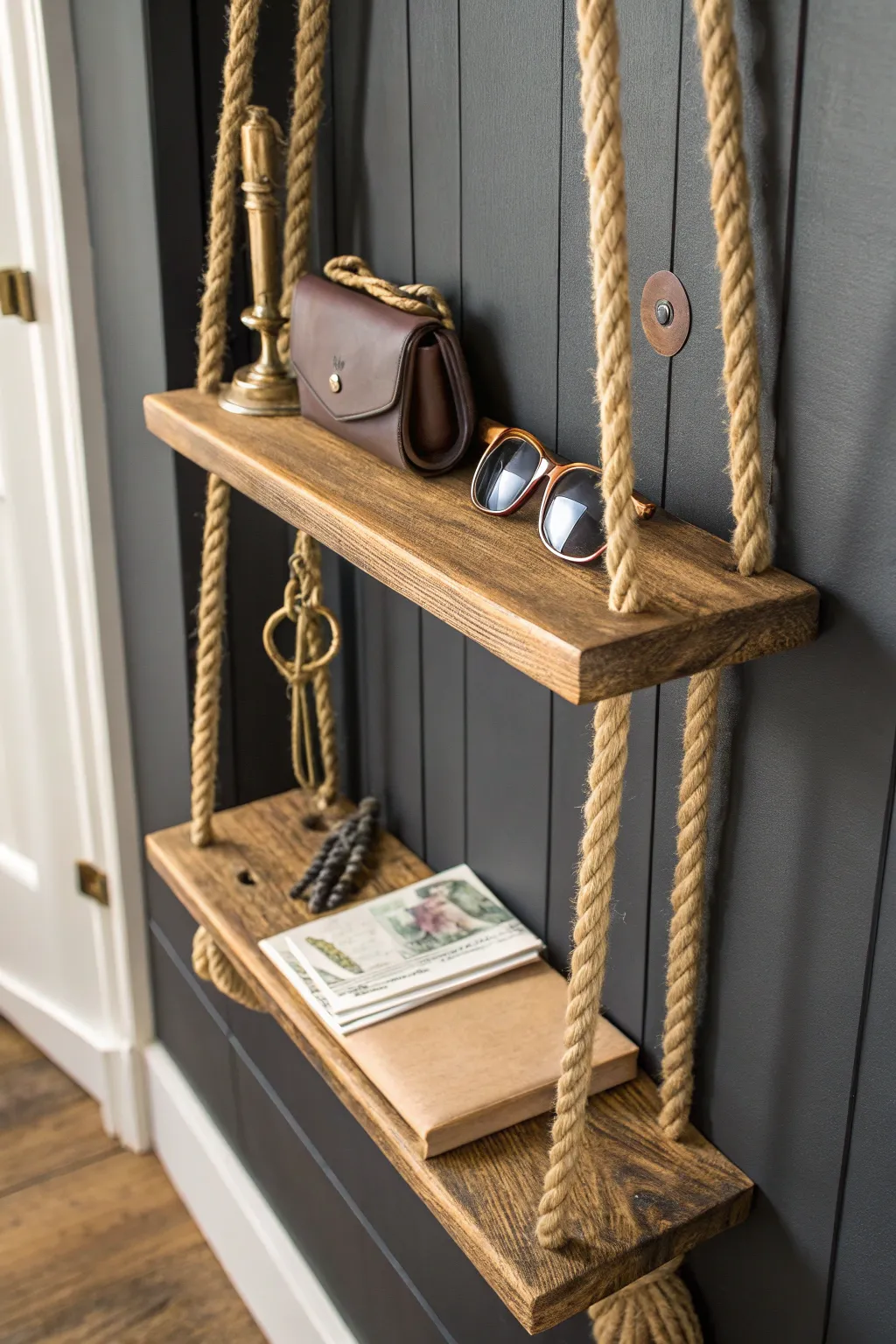 Elevate your entryway with the rustic charm and practicality of rope shelves.