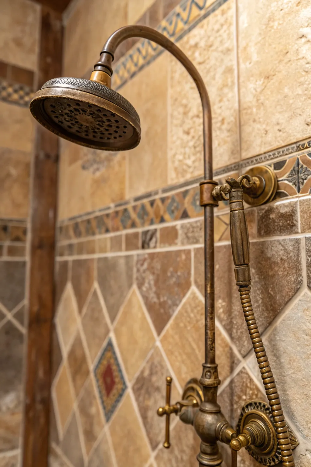 Elevate your shower space with the timeless charm of vintage bronze fixtures, perfectly paired with rustic tiles for an artisanal touch.