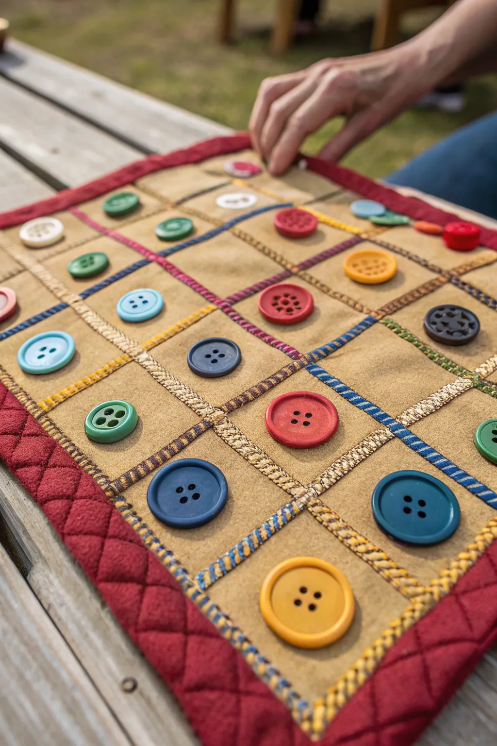 Craft your own game: a vibrant fabric scoreboard with buttons adds a touch of artistry to playtime!