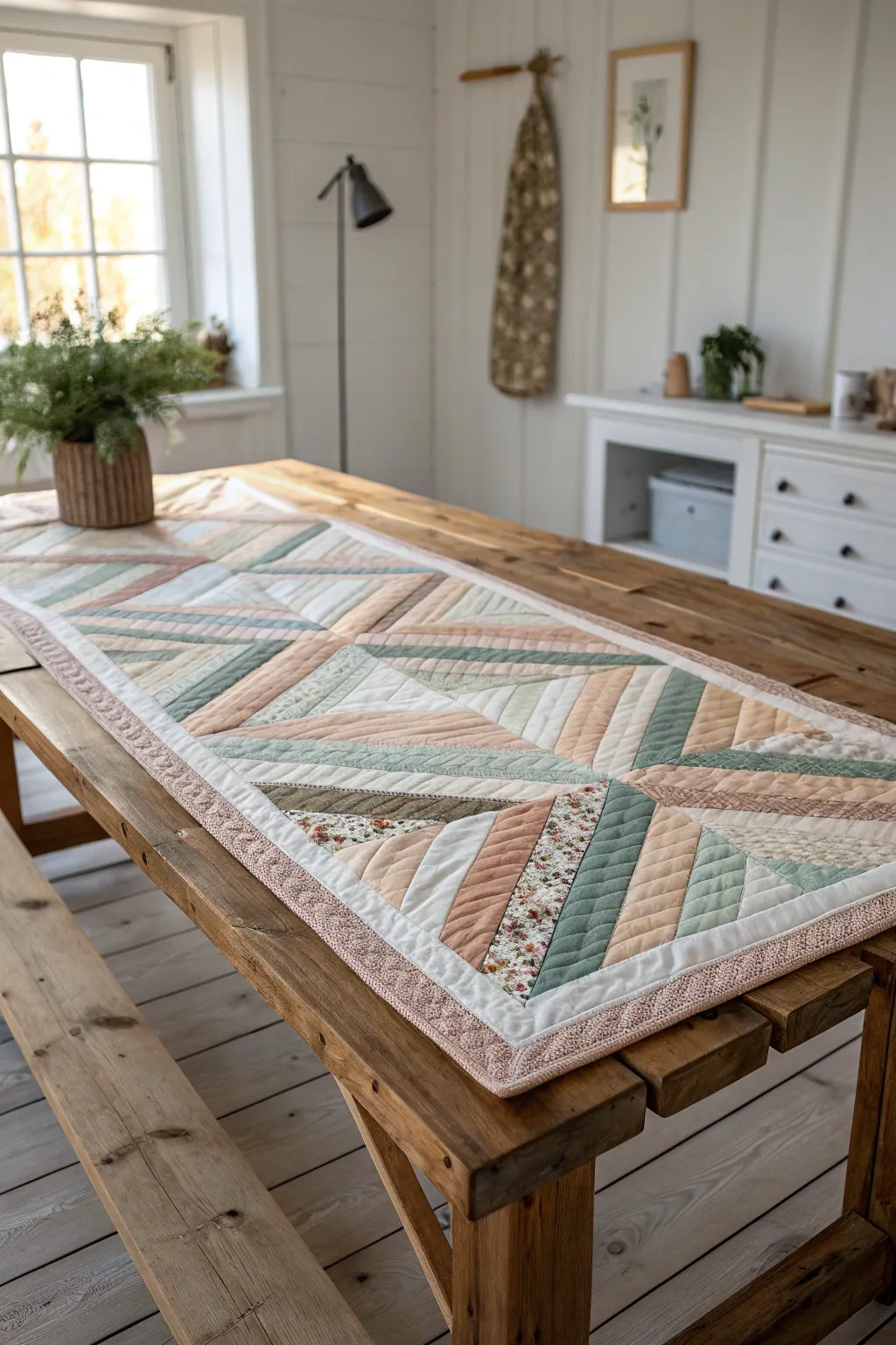 Embrace simplicity and natural beauty with this stunning string quilt, where every scrap tells a story.