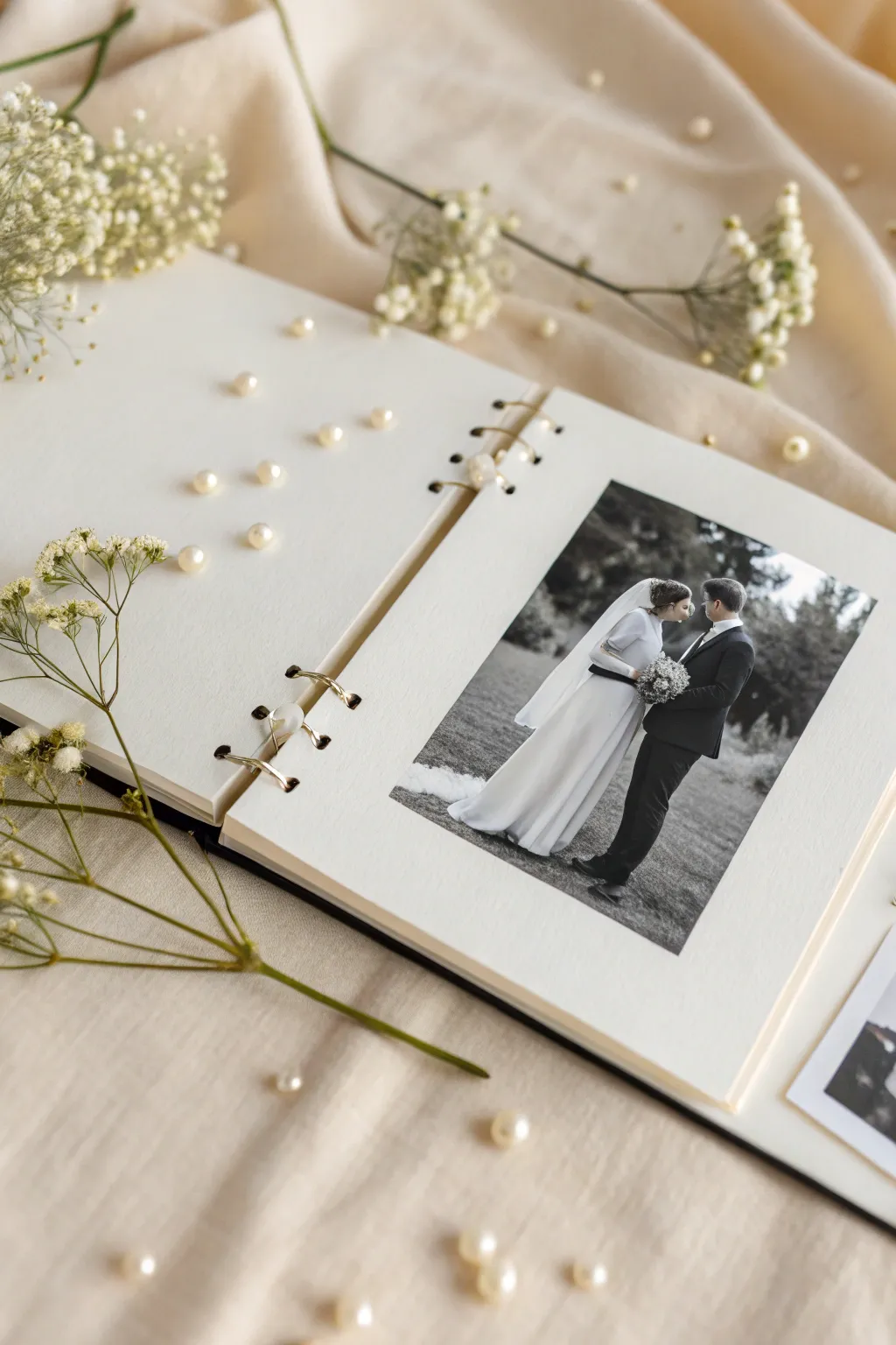 Elevate your wedding scrapbook with the charm of pressed flowers and pearls, capturing timeless elegance in every detail.