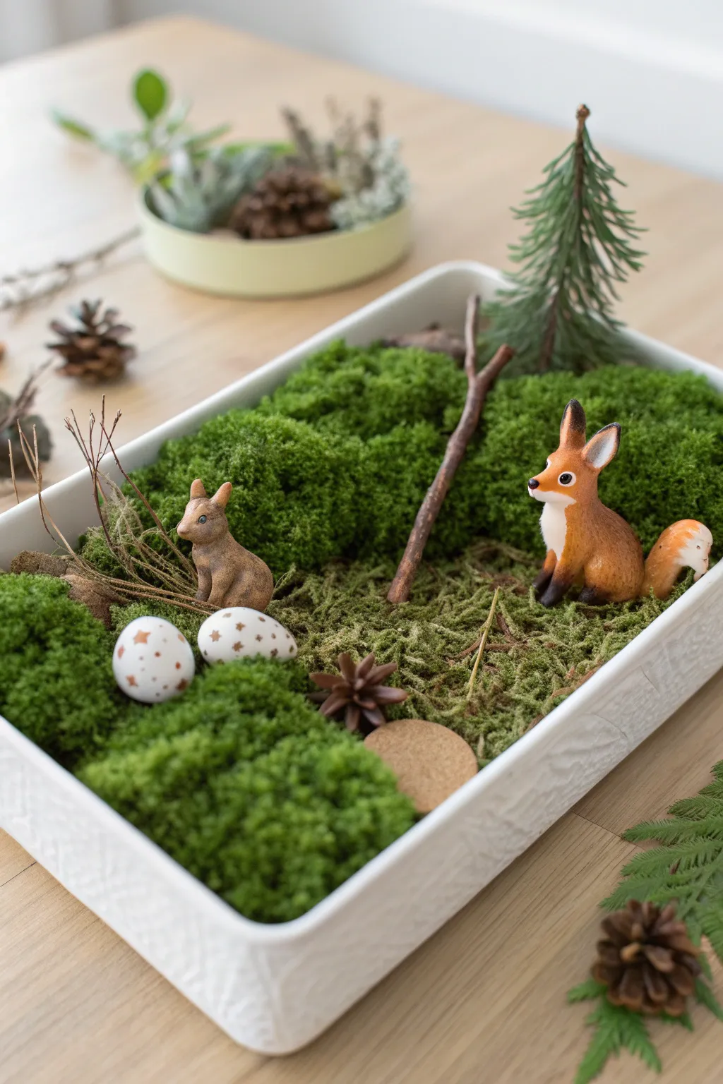 Bring the enchanting magic of the forest to your tabletop with this beautifully crafted sensory bin.
