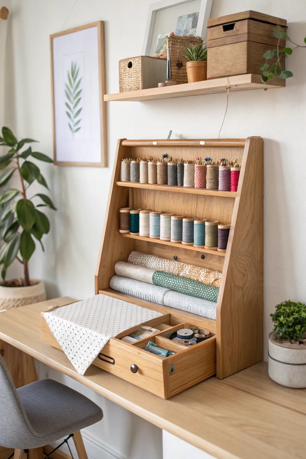 Maximize your sewing room space with elegant fold-out shelves that blend style and functionality effortlessly.