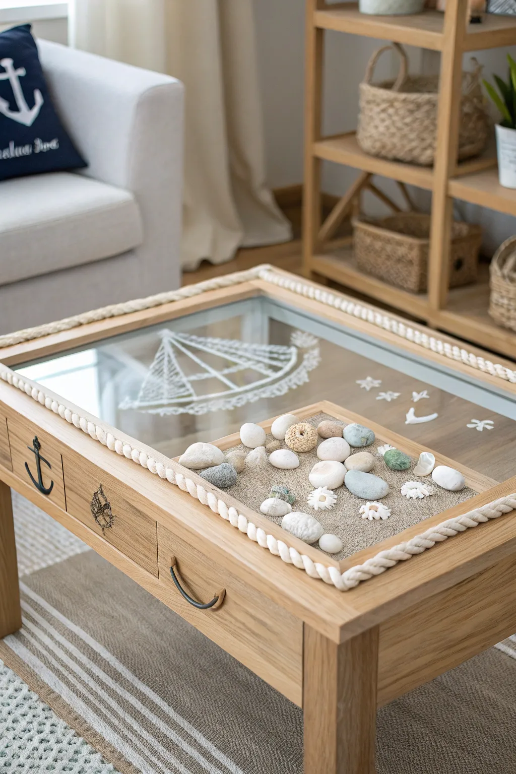 Set sail with serenity: A nautical-themed shadow box table perfect for minimalist interiors.