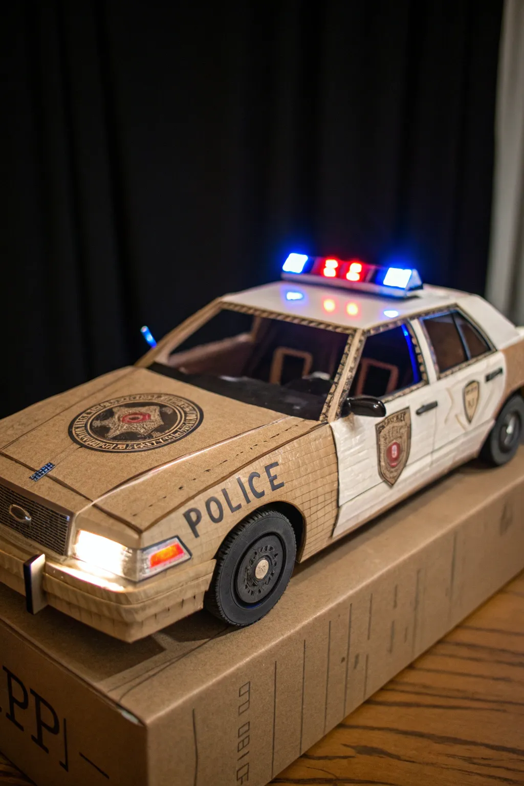 Illuminate your creativity with this handcrafted shoe box police patrol car, complete with working LED lights!