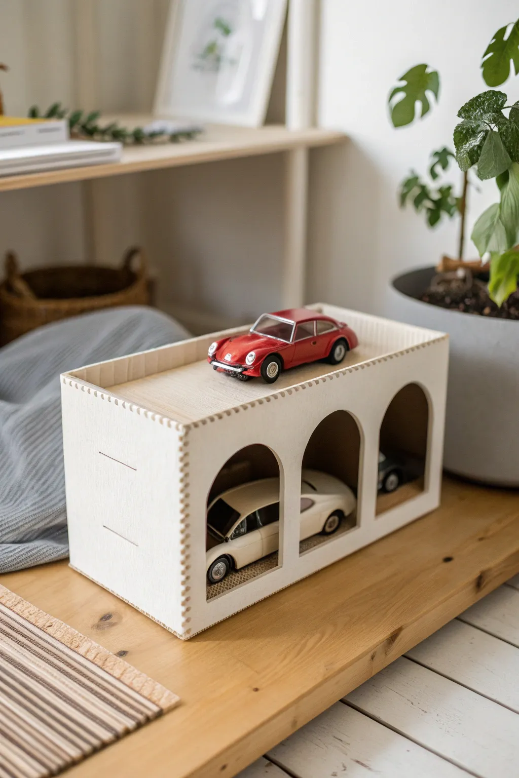 Transform a simple shoe box into a charming toy car garage - a creative blend of Scandinavian minimalism and boho flair!