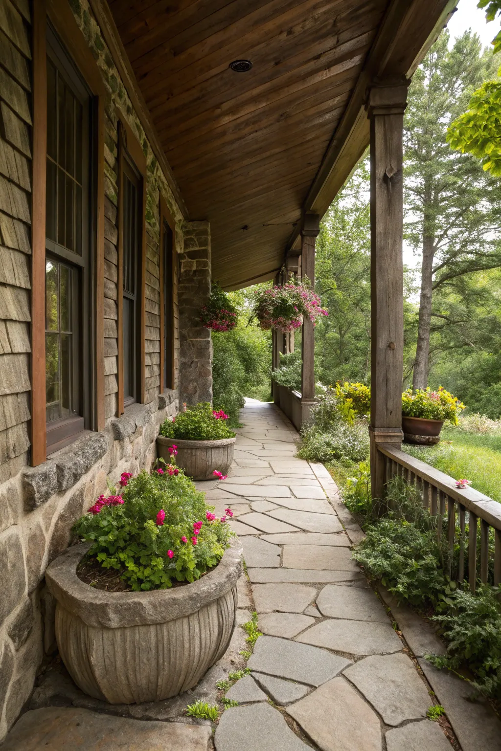 Stone elements add rustic charm to the porch.