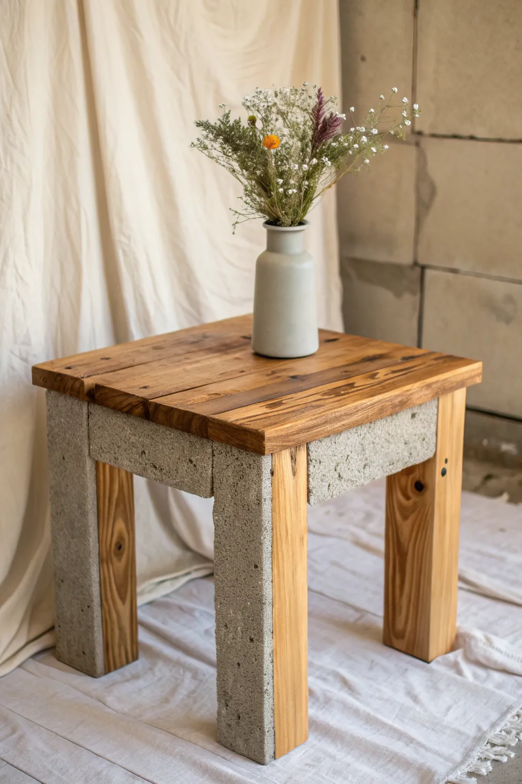 Transform simplicity into style with this DIY cinder block and wood plank side table. Perfect for a touch of minimalist elegance.