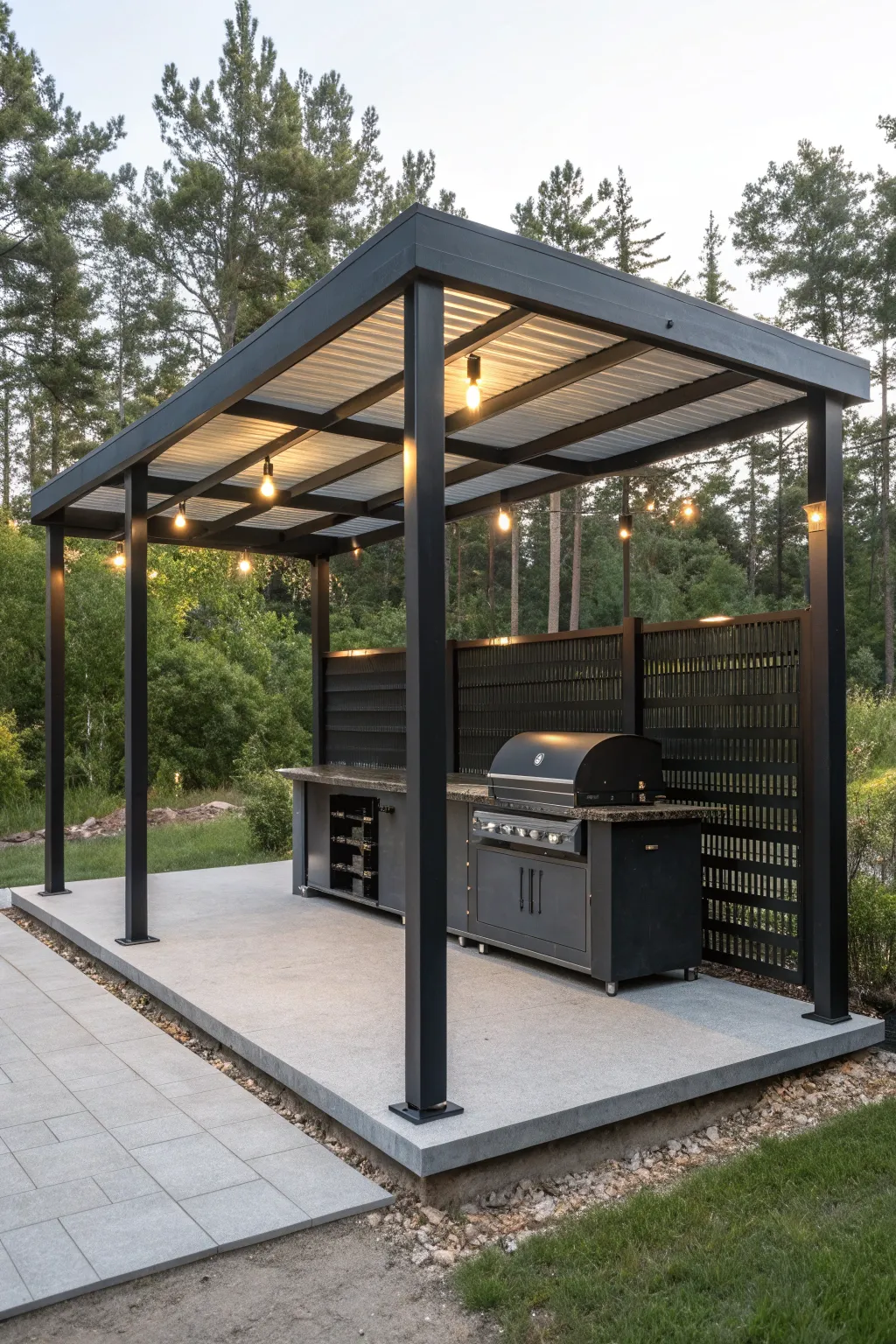 Elevate your grilling space with a chic metal frame shelter - where industrial meets nature.