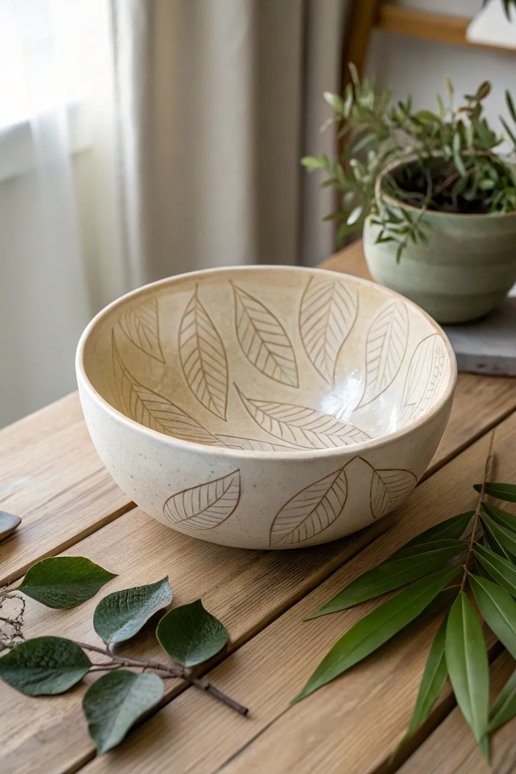 Embrace nature's elegance with beautifully imprinted leaf patterns in minimalist pottery.