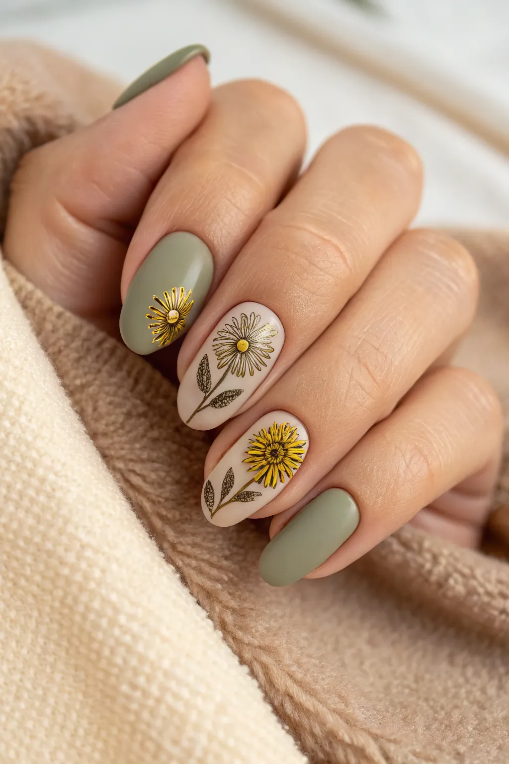 Embrace autumn's charm with sunflower nails in earthy tones. 🍂🌻 #MinimalistBeauty #BohoChic