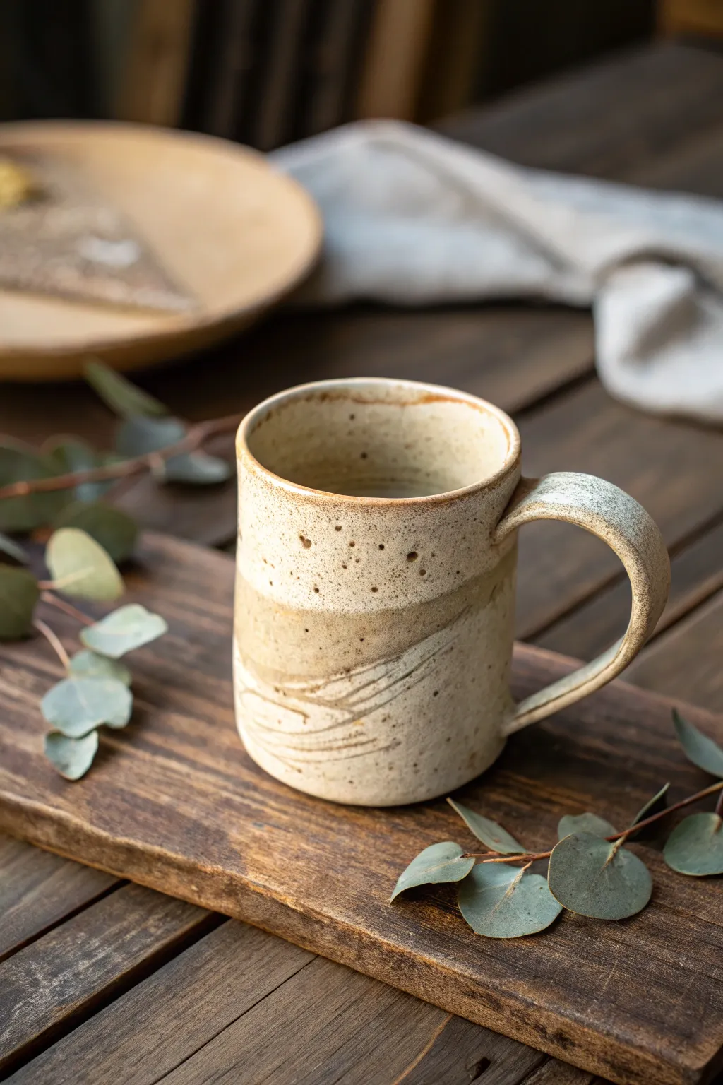 Embrace the cozy elegance of handcrafted beauty with this slab-built mug, perfect for those chilly mornings.