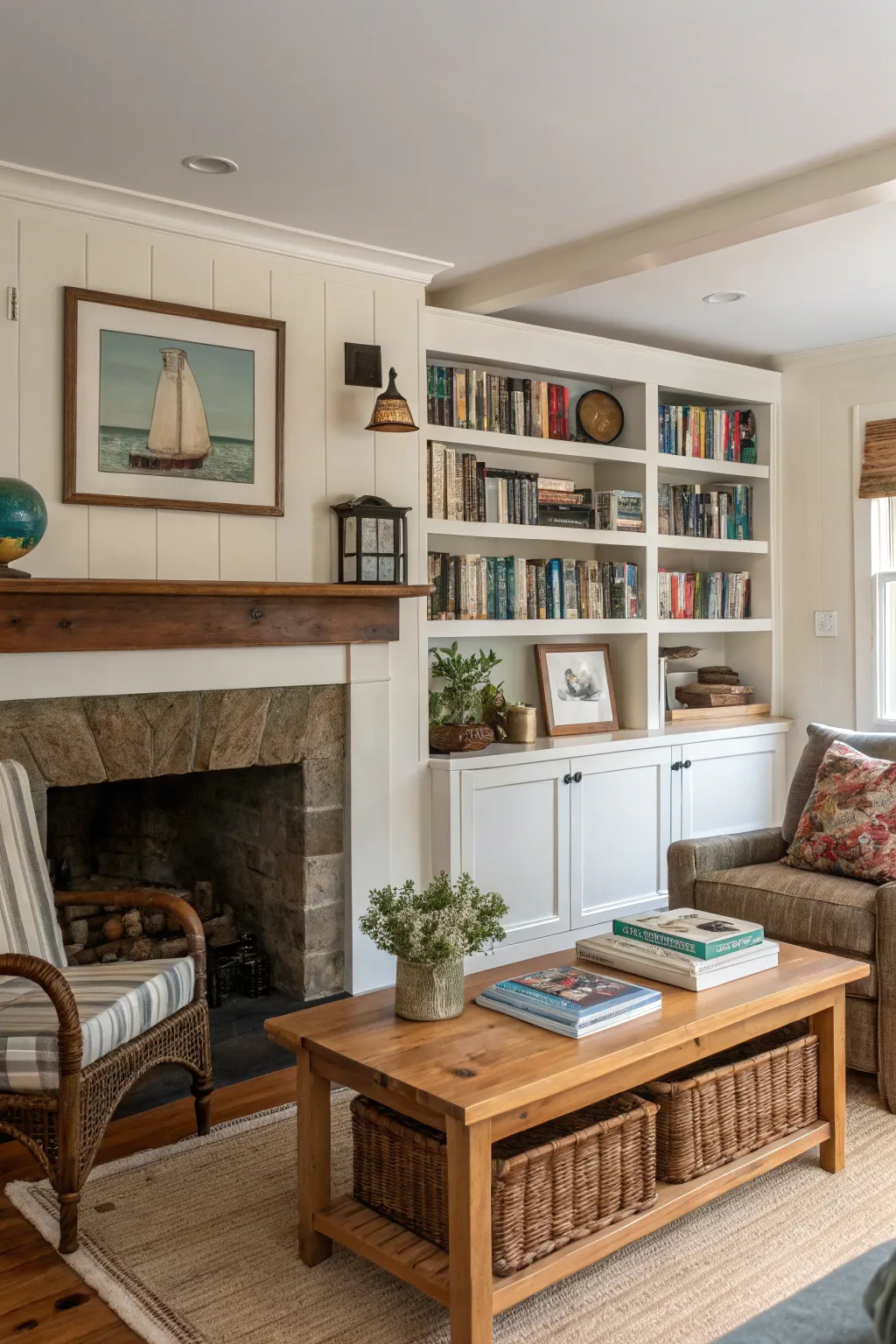 Wall-mounted shelves make efficient use of vertical space.