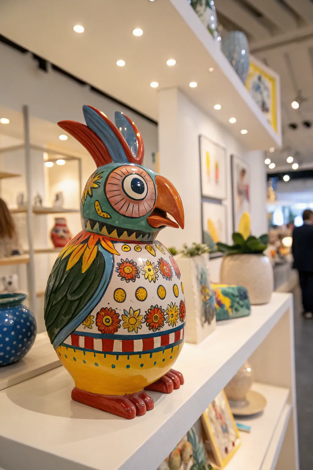 A whimsical creature sculpture adds playful charm to a room.