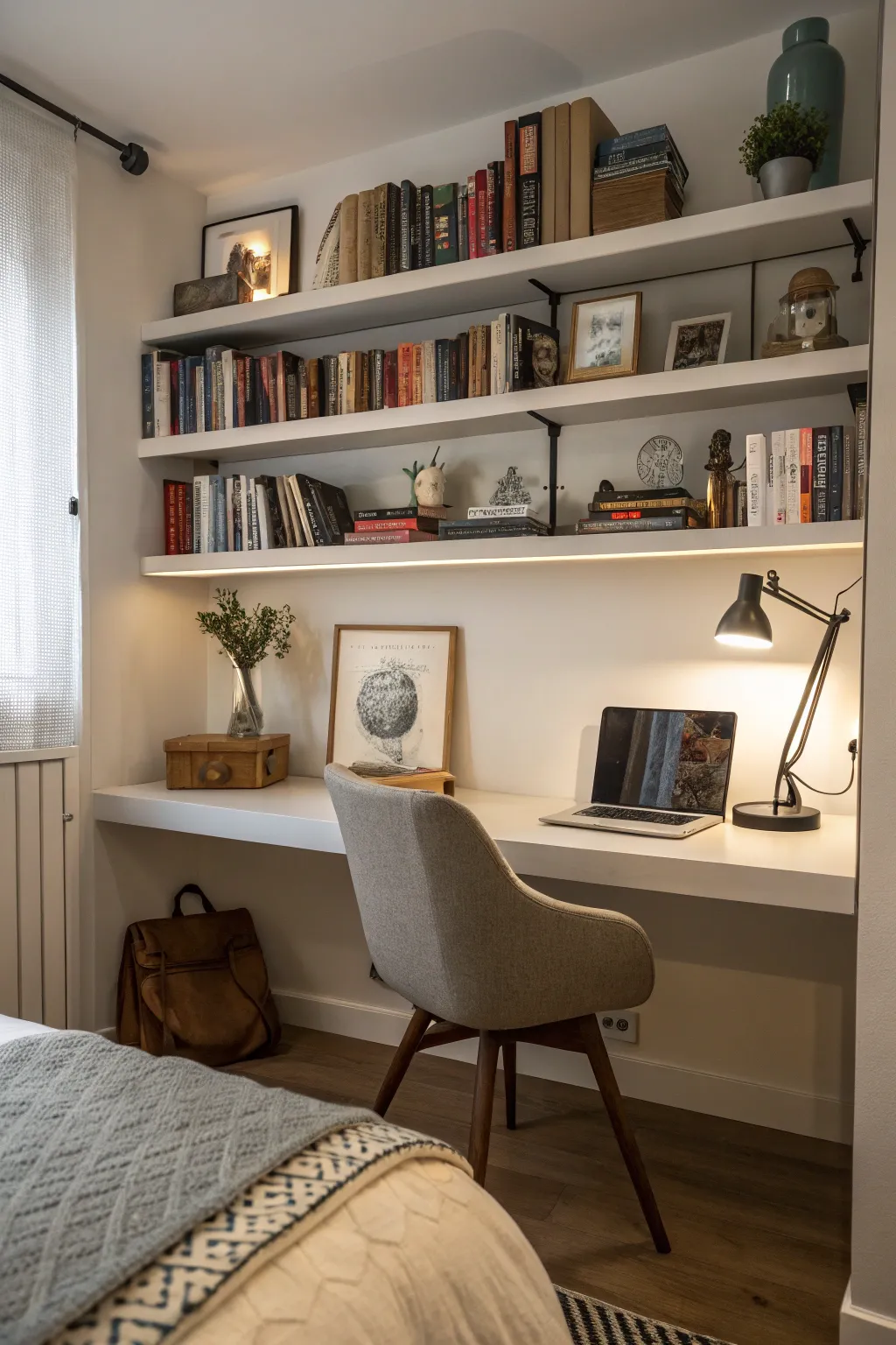 A floating shelf adds function and style without crowding the space.