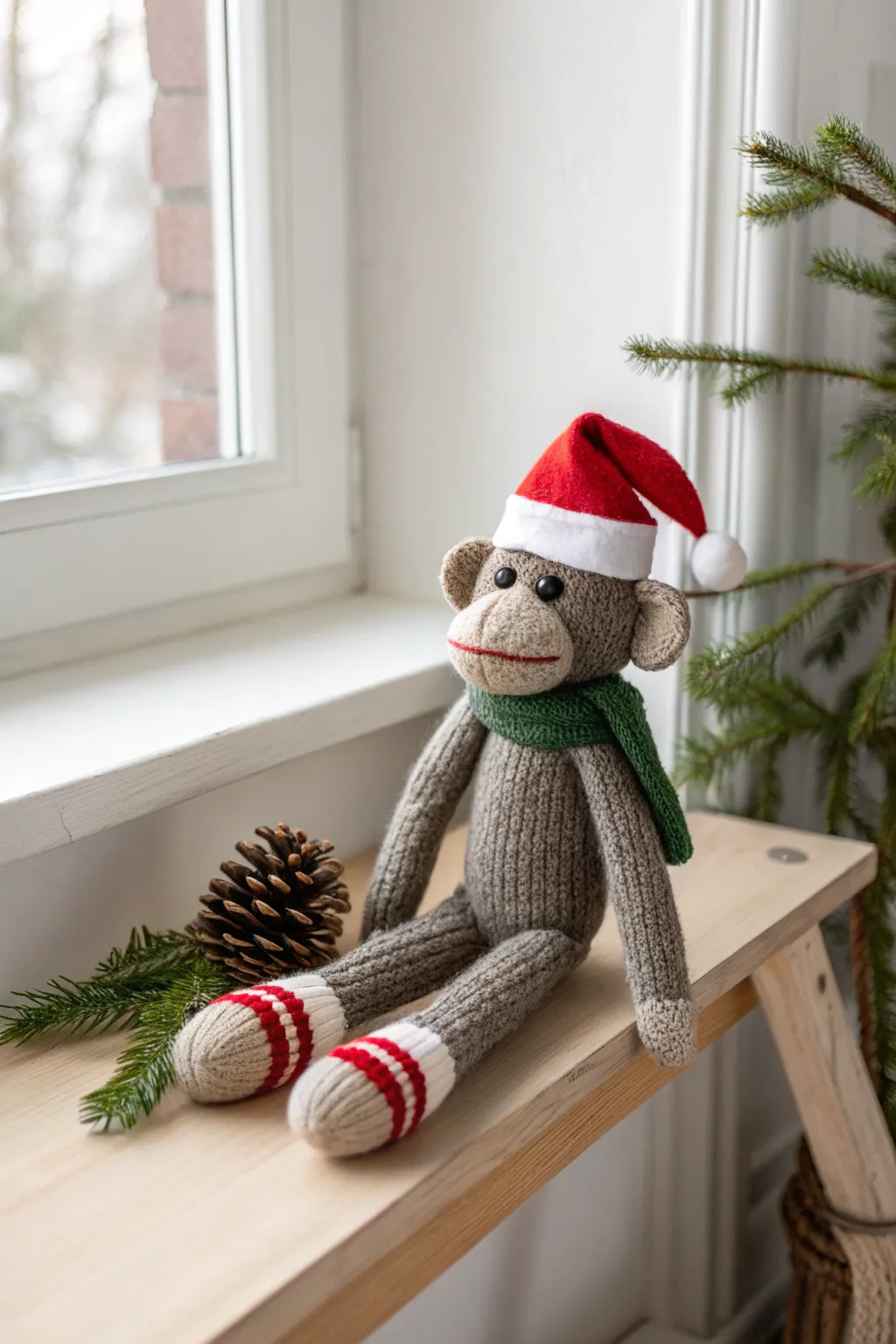 Celebrate the season with a touch of whimsy and craftsmanship: Festive Sock Monkey in Scandinavian style.
