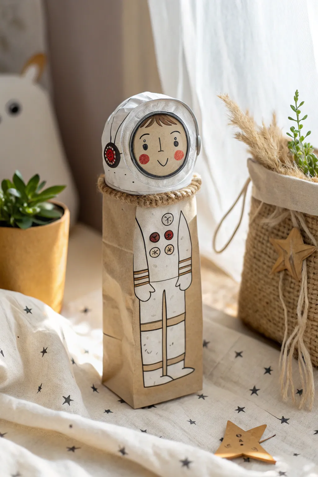 Blast off into imagination with this charming astronaut puppet, where simplicity meets creativity in a minimalist design.