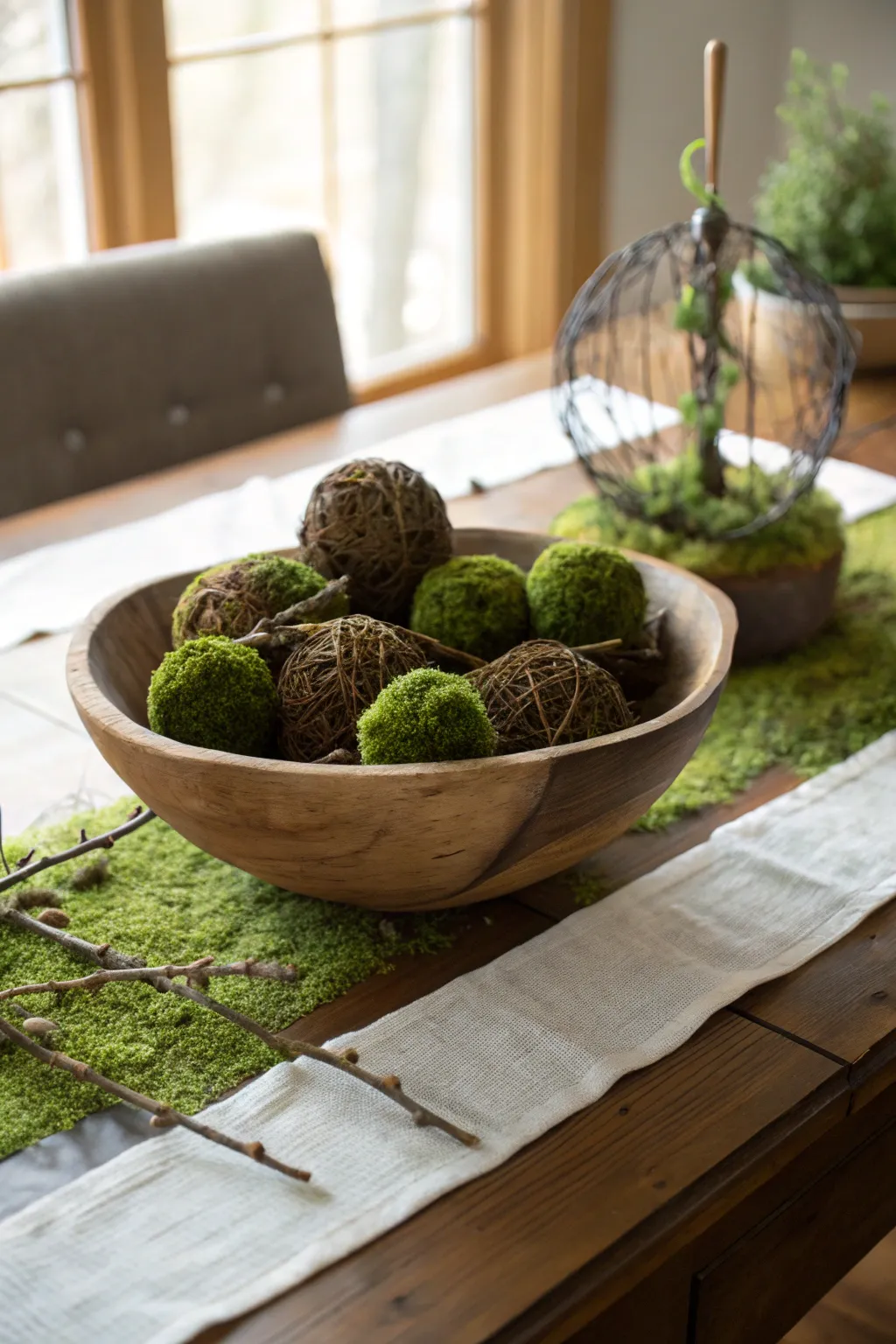 Embrace nature indoors with moss and willow spheres, perfect for a serene spring look.