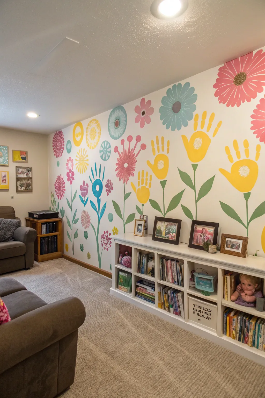 A family room showcasing a colorful handprint garden mural.