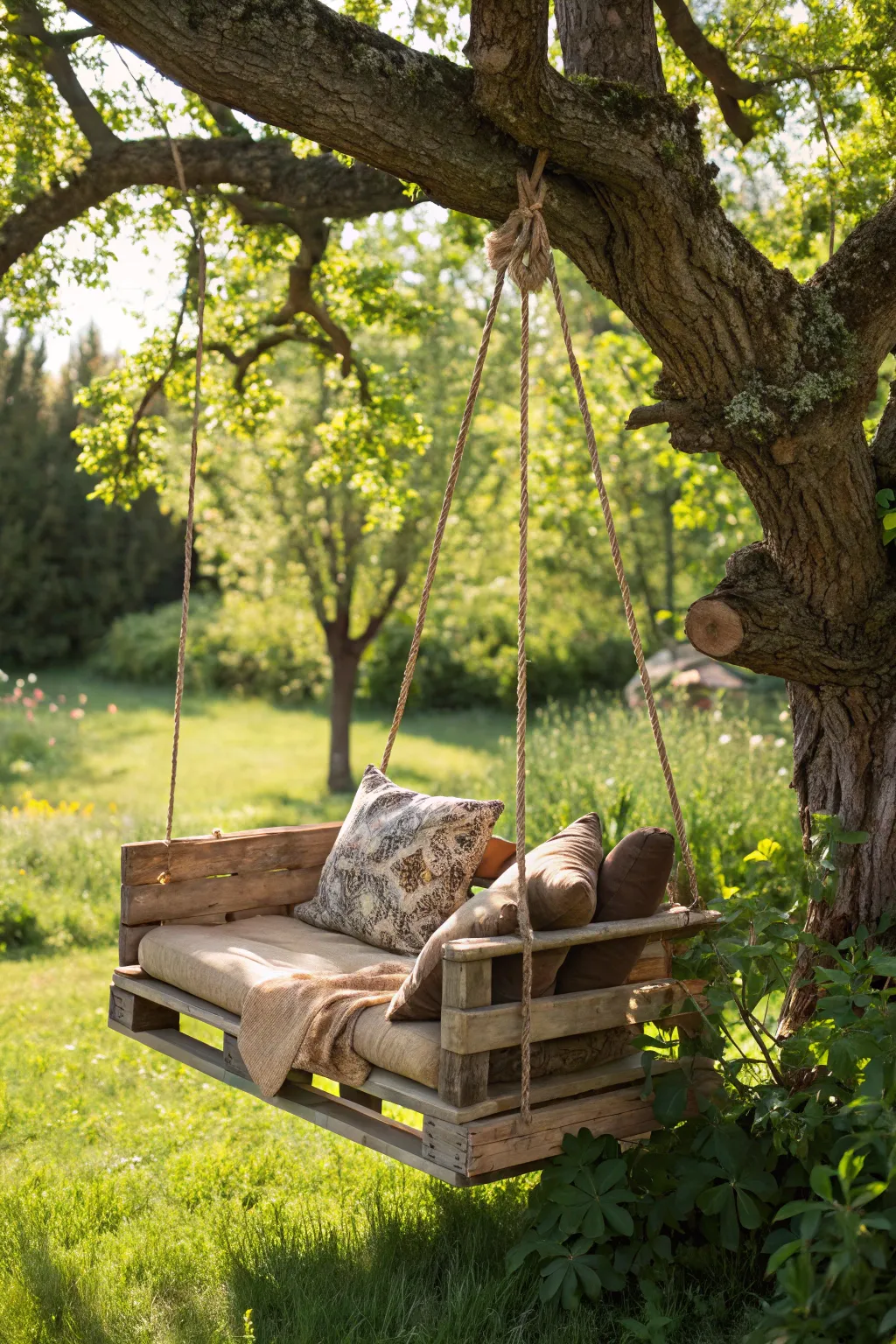 Elevate your garden with a handcrafted pallet swing—where rustic charm meets spring serenity.