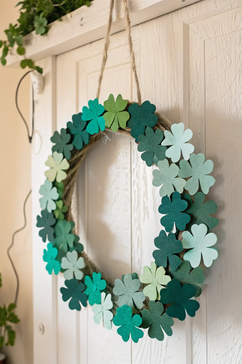 Welcome guests with a stunning ombre shamrock wreath, the perfect blend of minimalist design and Boho charm for St. Patrick’s Day.