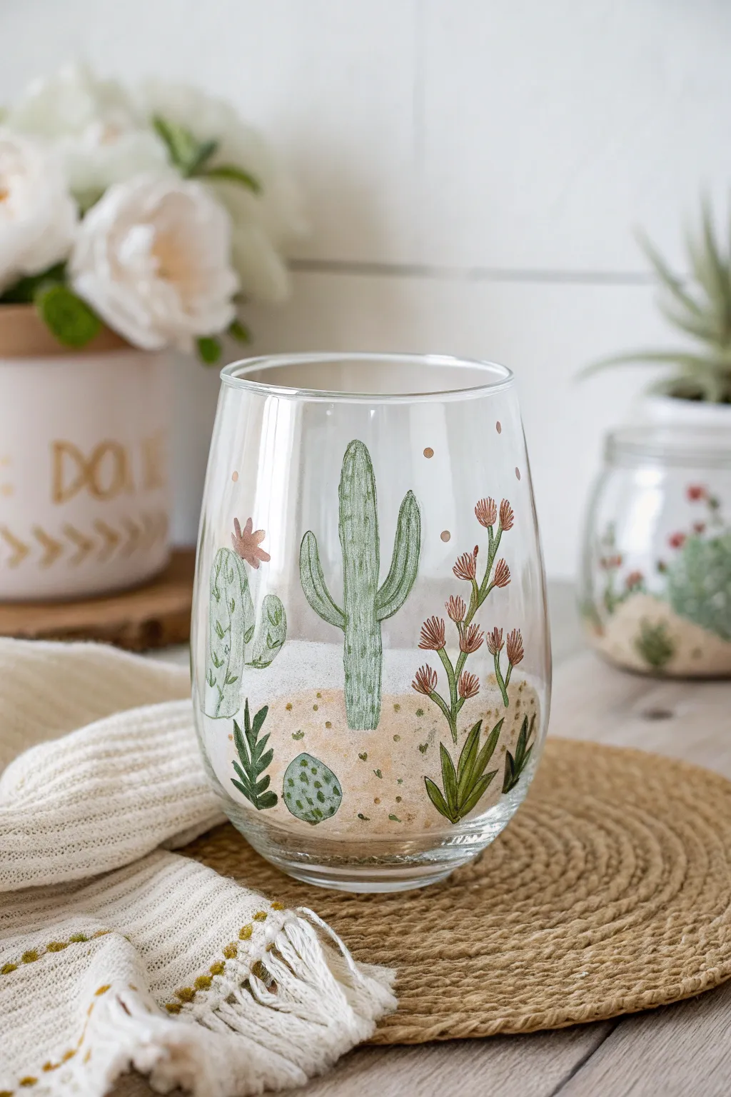 Bring the desert's charm to your table with this beautifully painted cactus wine glass.