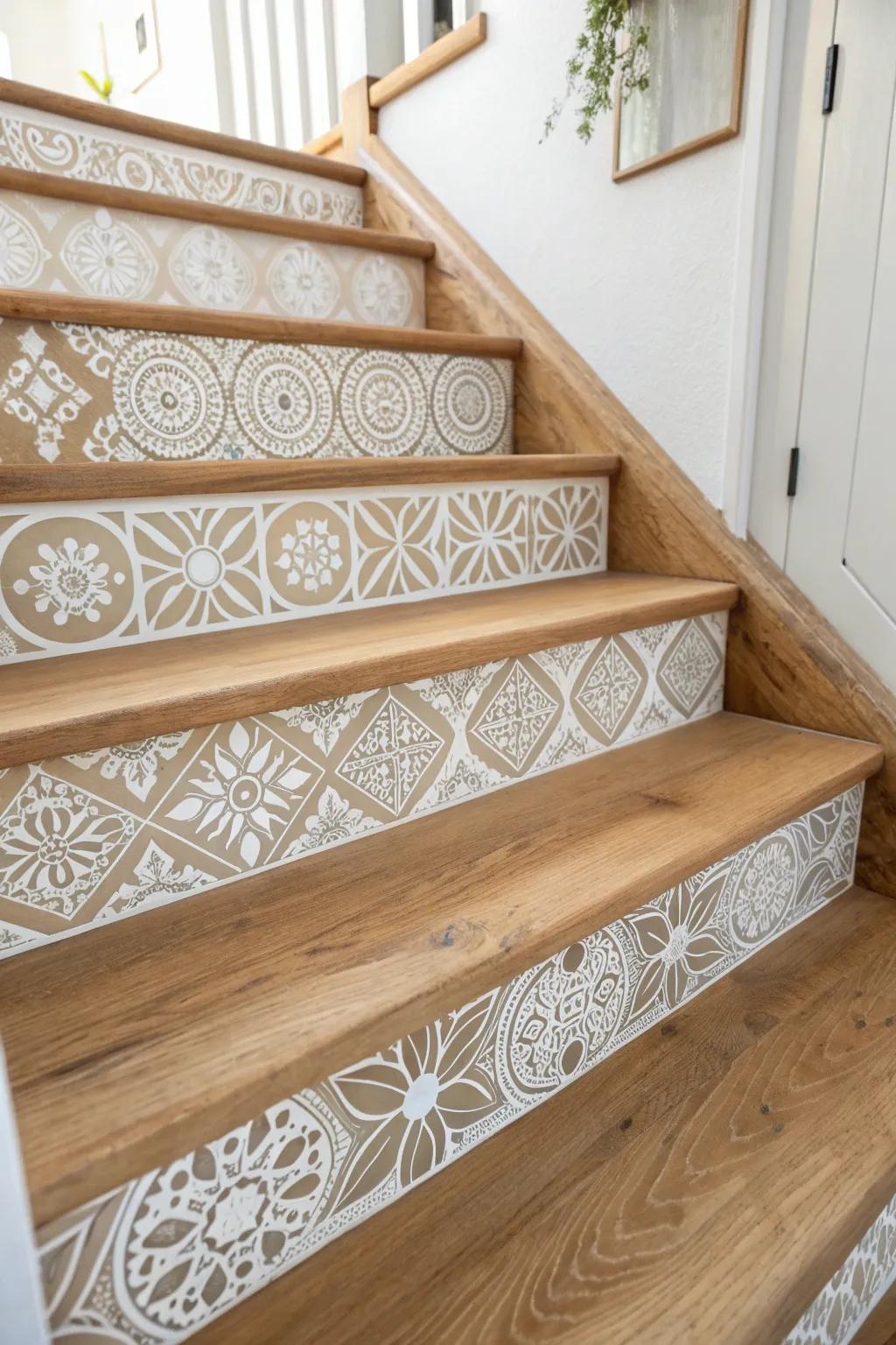 Transform your stairs into a work of art with Moroccan-inspired stencils for a touch of minimalist charm.