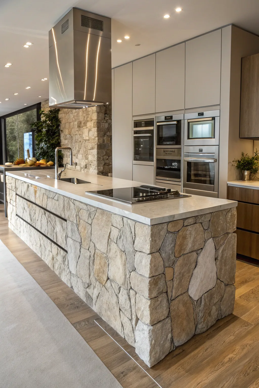 A stone kitchen island with seamlessly integrated appliances.