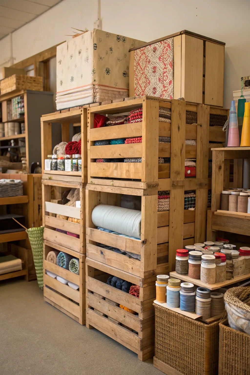 Wooden crates offer a rustic and flexible storage solution.