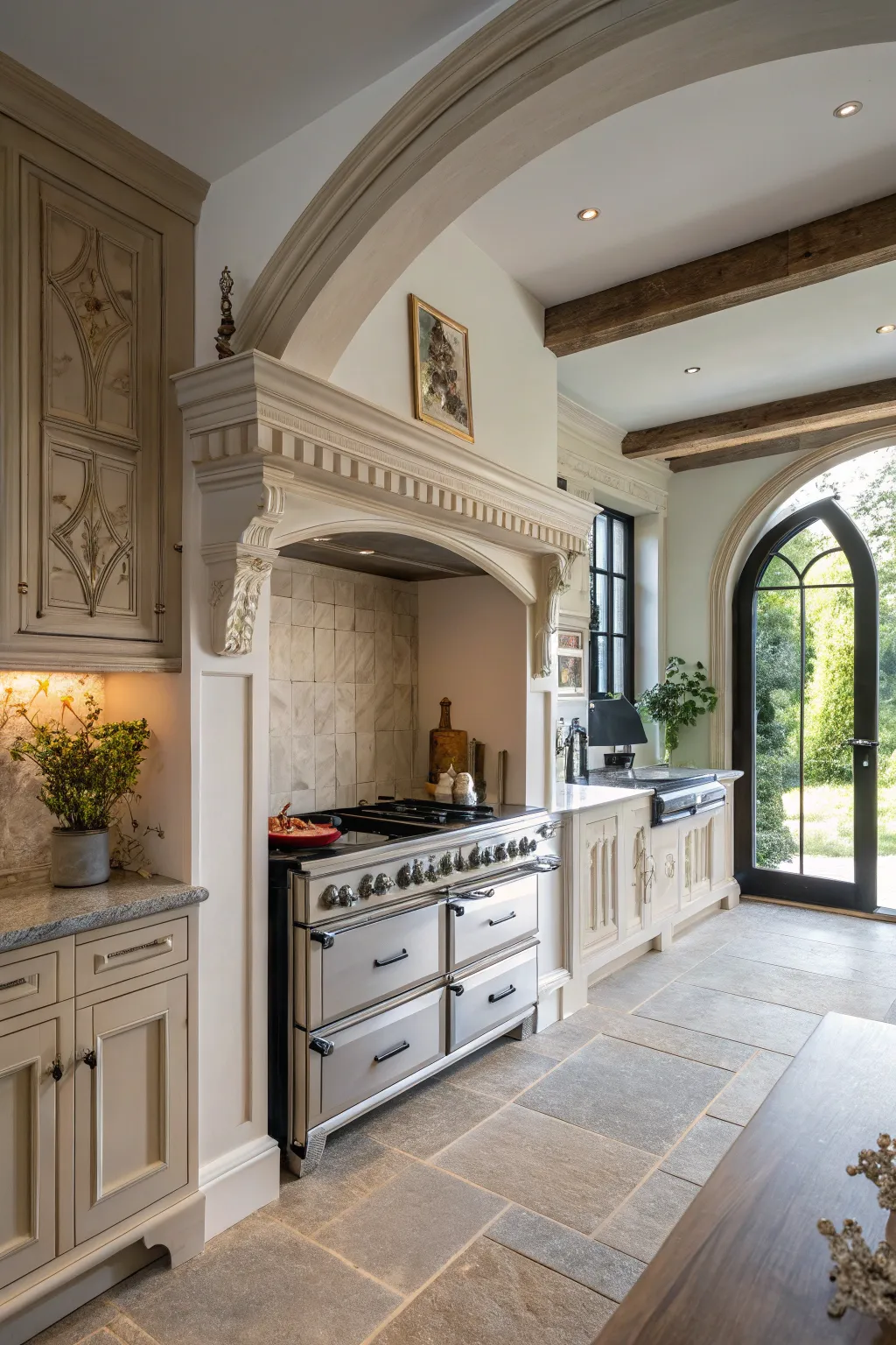 An elegant stove alcove with an arched design, adding architectural interest to the kitchen.