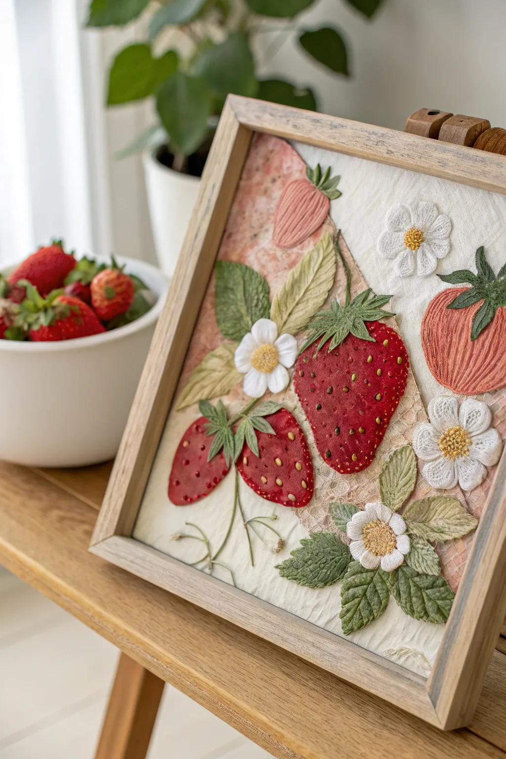 Crafted elegance: A mixed media strawberry collage that blends simplicity with artistic flair. 🍓✨ #StrawberryArt #BohoScandi