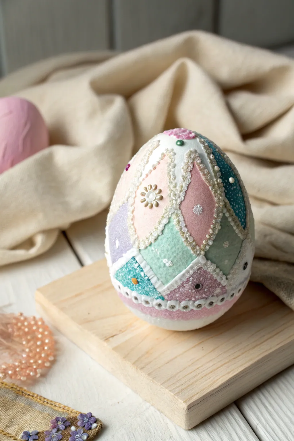 Discover the art of mixed media with this stunning styrofoam egg masterpiece—where creativity knows no bounds.