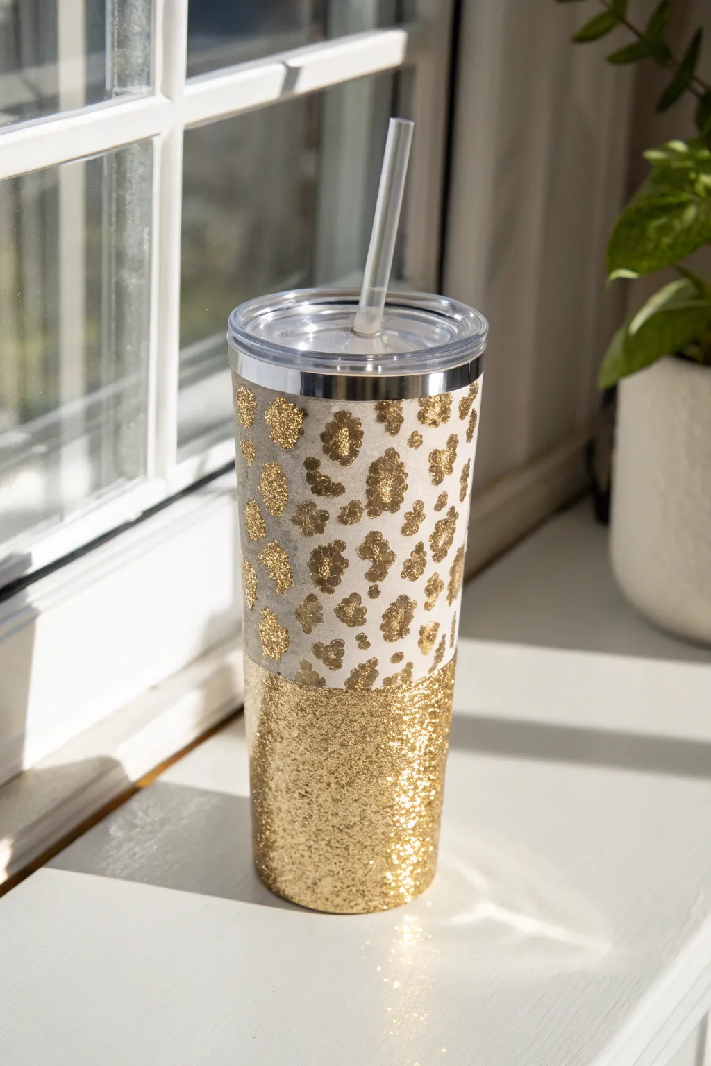 Turn every sip into a celebration with this glamorous glitter and leopard print tumbler, where elegance meets sparkle.