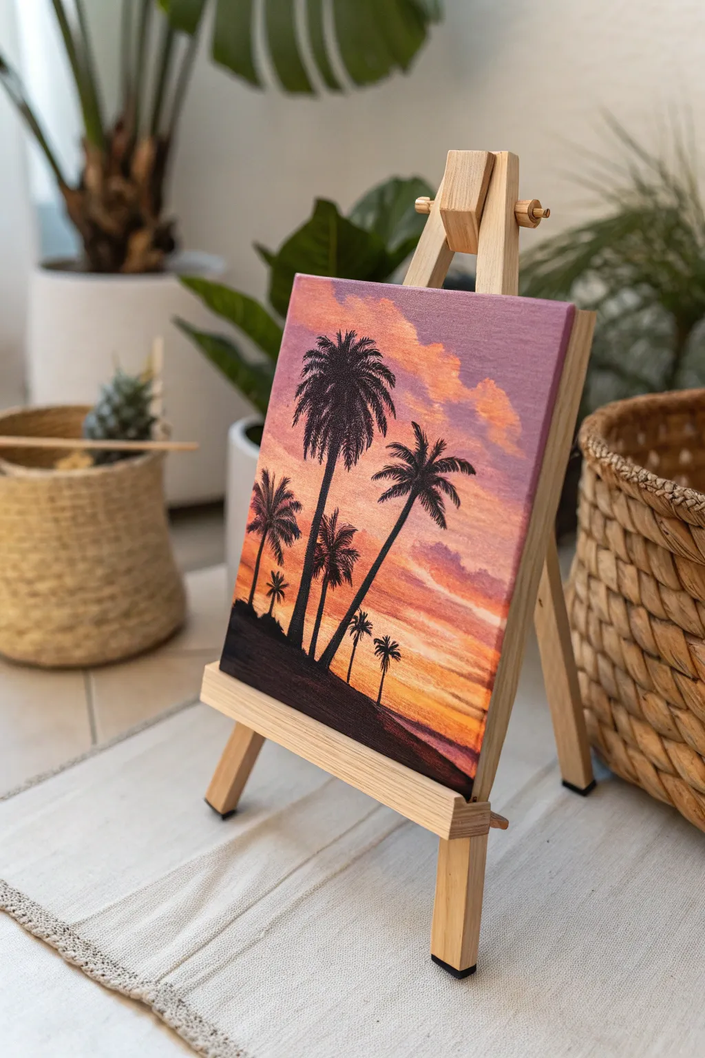 Capture the essence of a tropical evening with this minimalist palm tree silhouette against a sunset canvas. Perfect for adding a touch of boho charm to your summer decor.