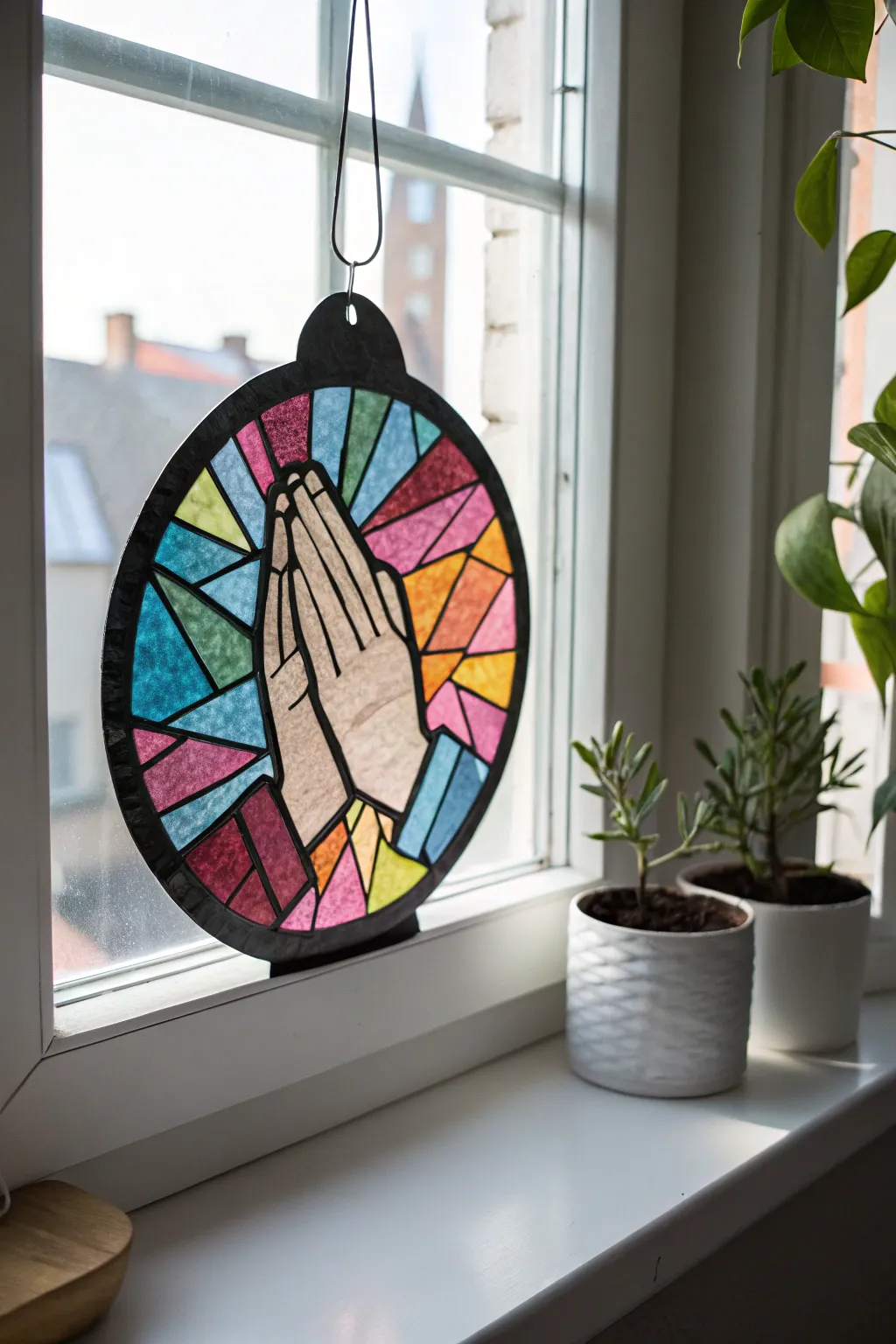 Embrace the art of prayer with this delicate stained glass craft, bringing a touch of serenity and color to your space.