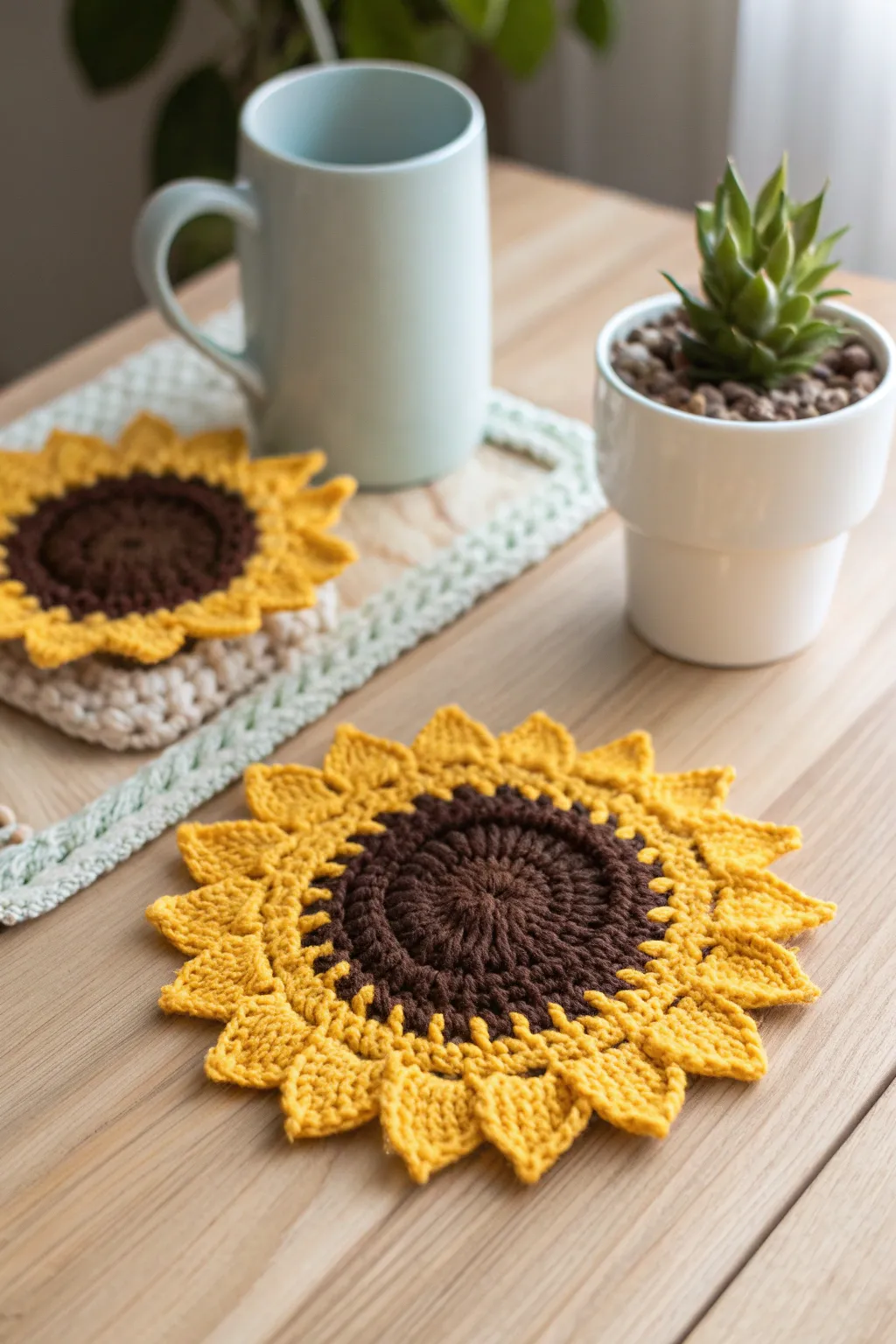 Brighten up your table with a touch of handmade beauty! 🌻 #CrochetSunflower #ScandiBoho
