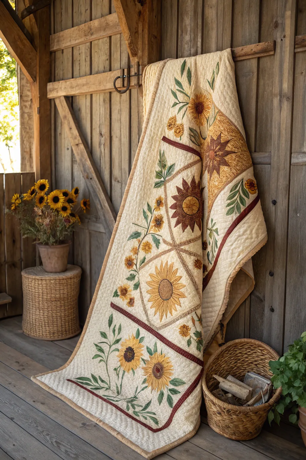 Embrace rustic charm with a sunflower quilt that transforms any space into a cozy haven.