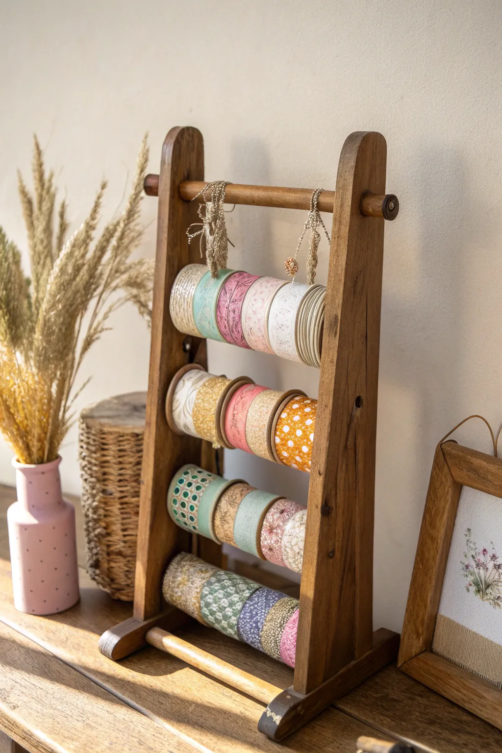 Embrace vintage elegance with a charming spool rack for your tape collection.