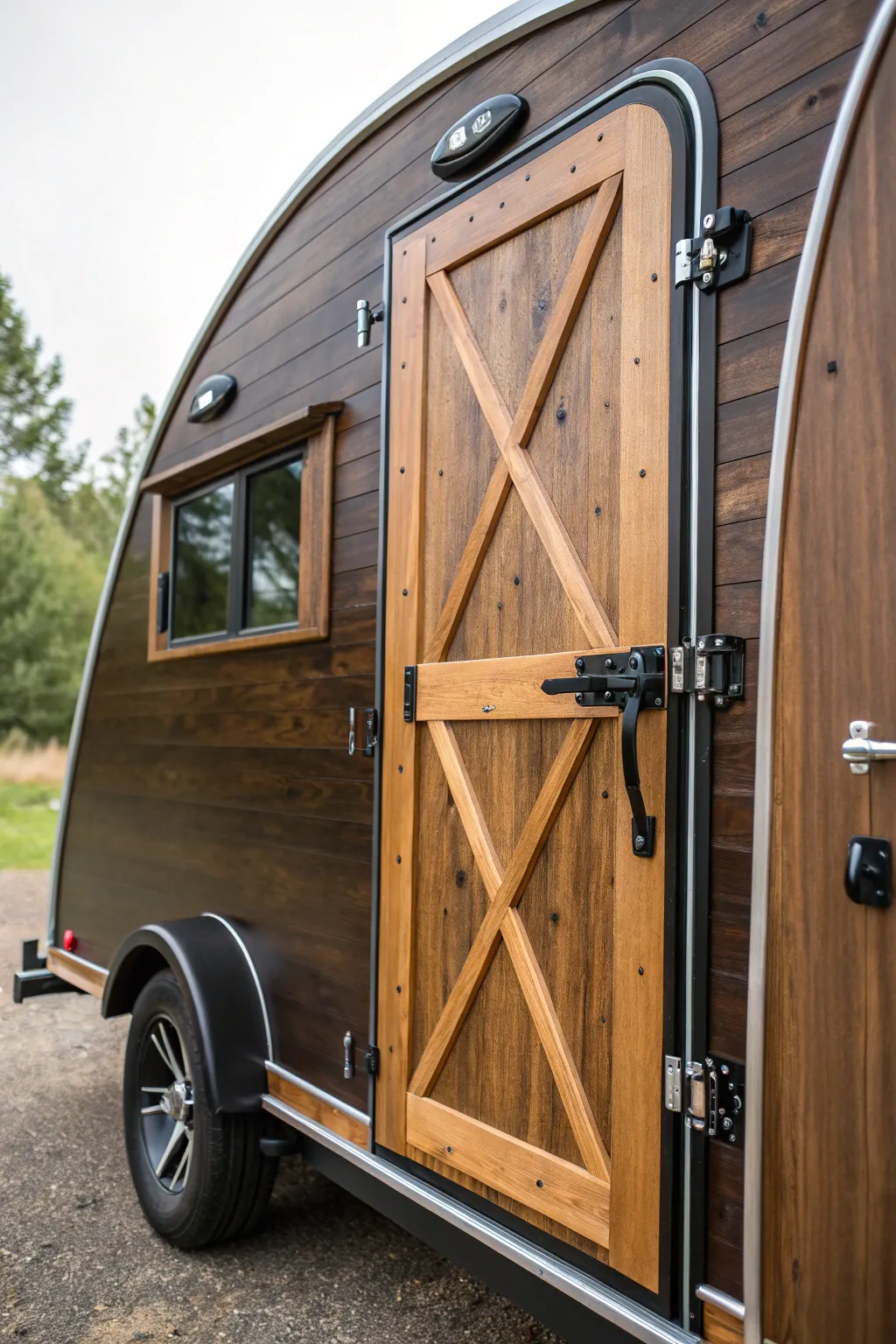 Elevate your teardrop camper with a barn-style door that merges style with space-saving ingenuity.