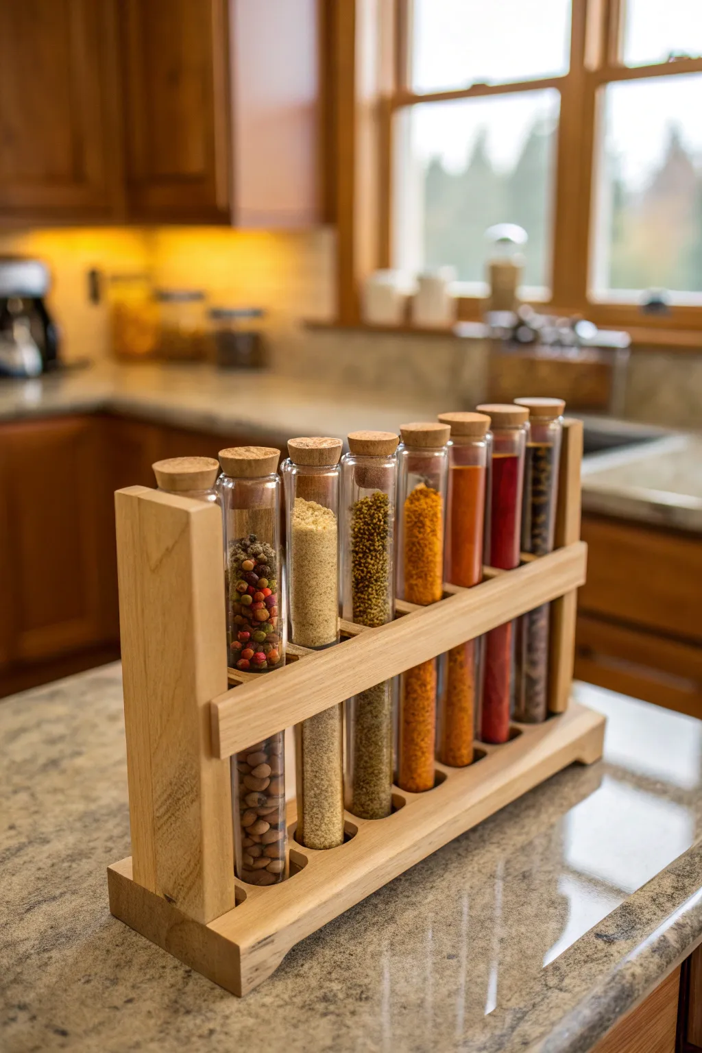 Stylish test tube spice racks keep your kitchen organized and visually appealing.