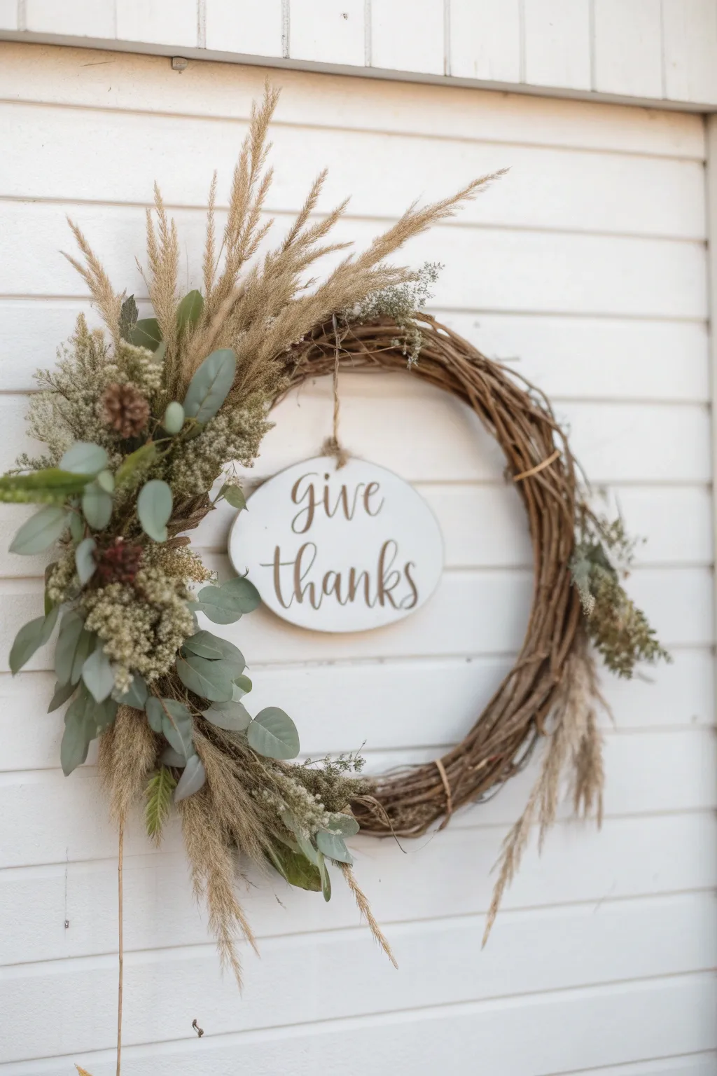 Celebrate the season with a touch of gratitude – a 'Give Thanks' wreath that combines minimalist beauty with a heartfelt message.
