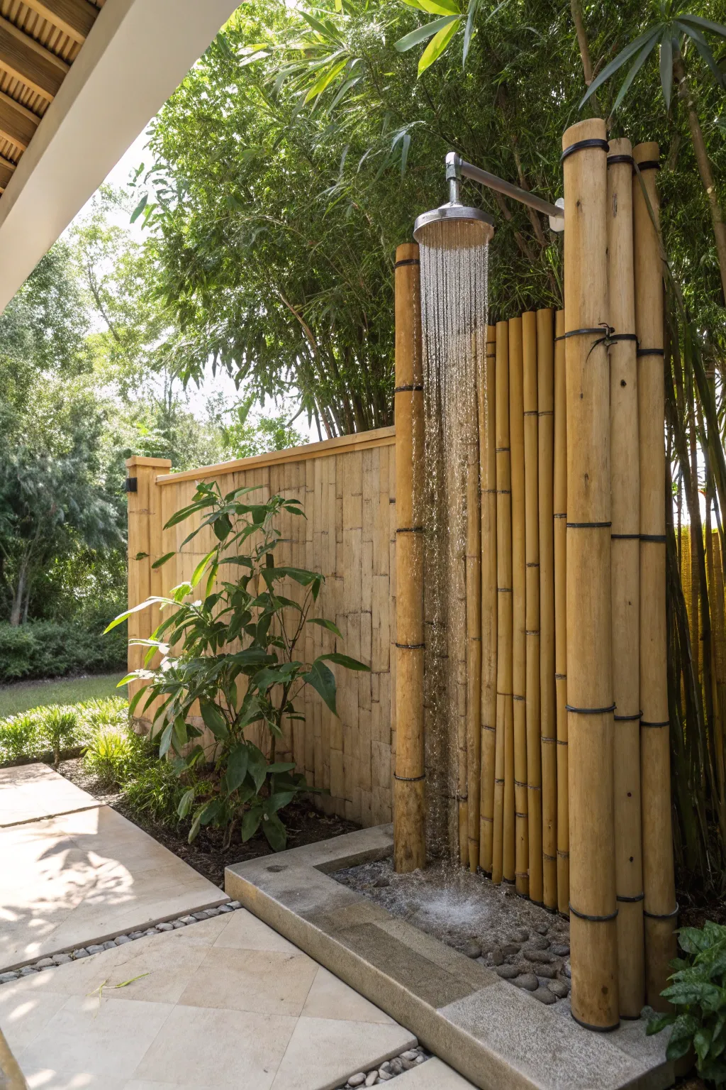 Transform your backyard into a serene retreat with a chic bamboo outdoor shower.