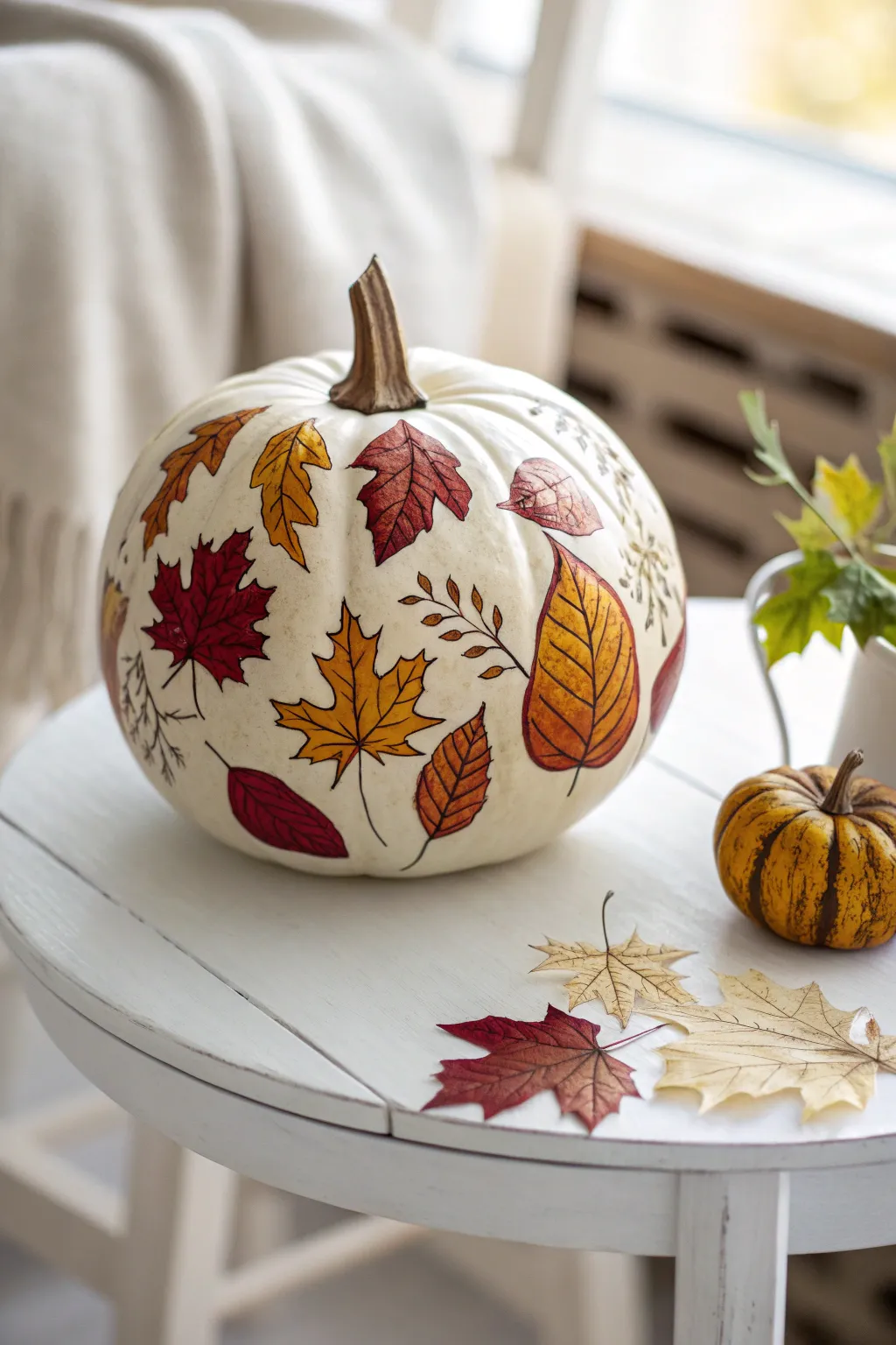 Bring the beauty of fall indoors with charming autumn leaf-painted pumpkins. 🍂🎃