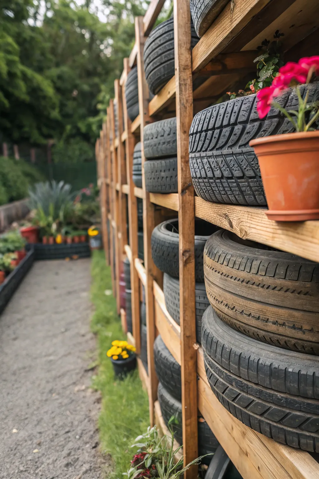 Transform your garden with a tire fence that blends creativity and utility. #Craftsmanship #GardenInspiration