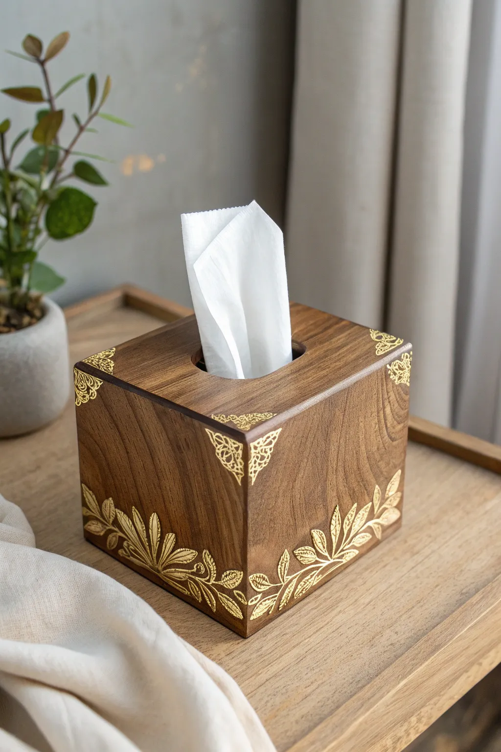 Elevate your space with a touch of luxury: a polished wood tissue box with gold leaf accents.